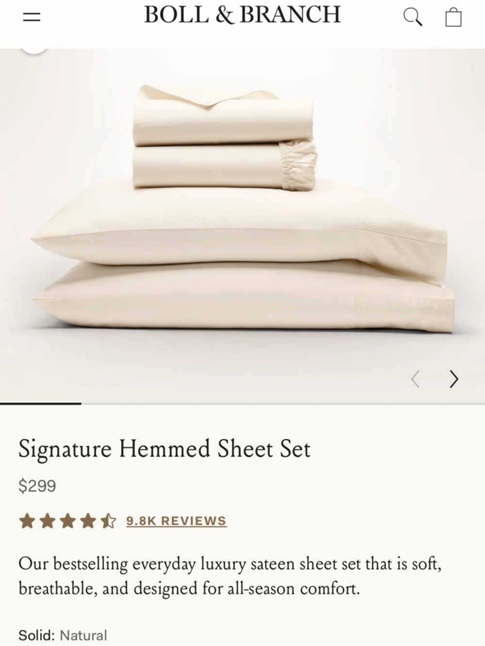 Boll & Branch Percale Hemmed Sheet Set — Ivory - Picture 4 of 10